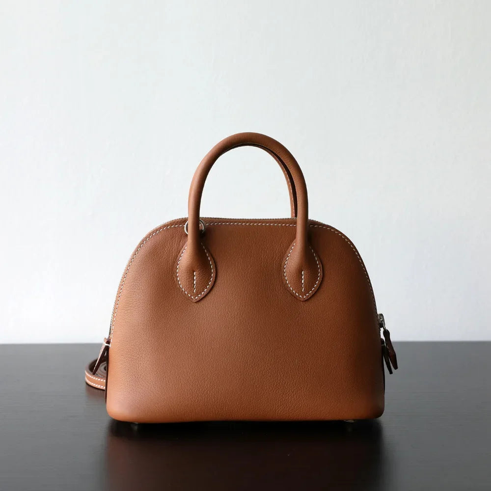 New High-end Light Luxury First-layer Cowhide Mini Bowling Shell Bag Semi-handmade Messenger Leather Women's Bag