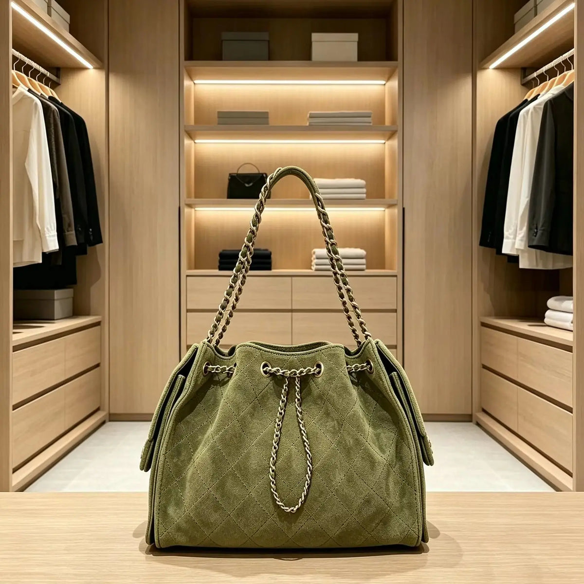 Olive Green Suede Diamond Quilted Drawstring Bucket Bag for Women, Chain Strap Large Shoulder Tote Handbag