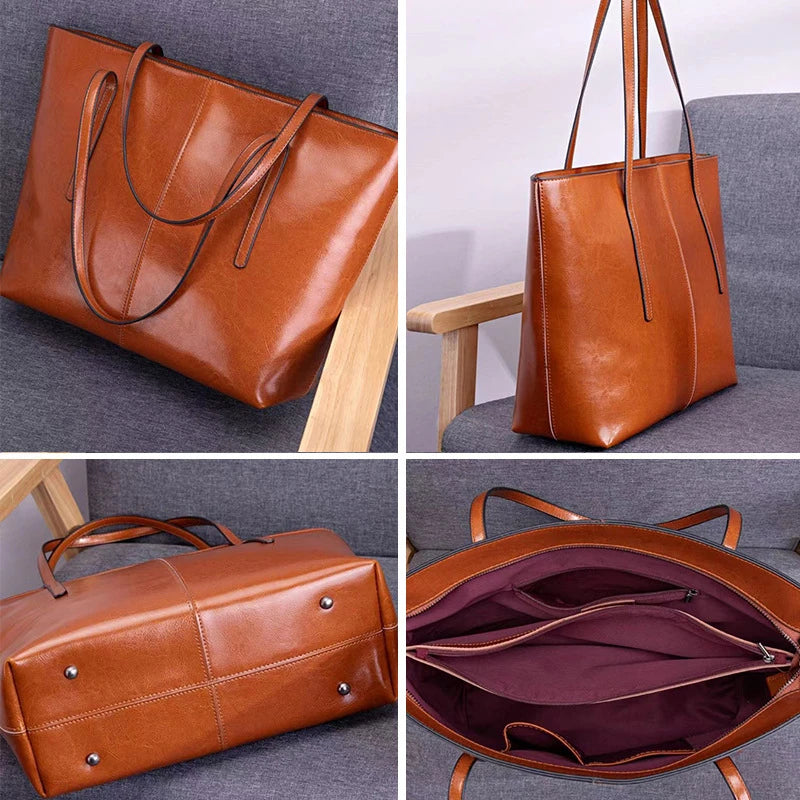 BURMINSA Large Genuine Leather Tote Bag Women Vintage Cowhide Shoulder Bag Laptop Office Work Commuter Shopper Luxury Handbags