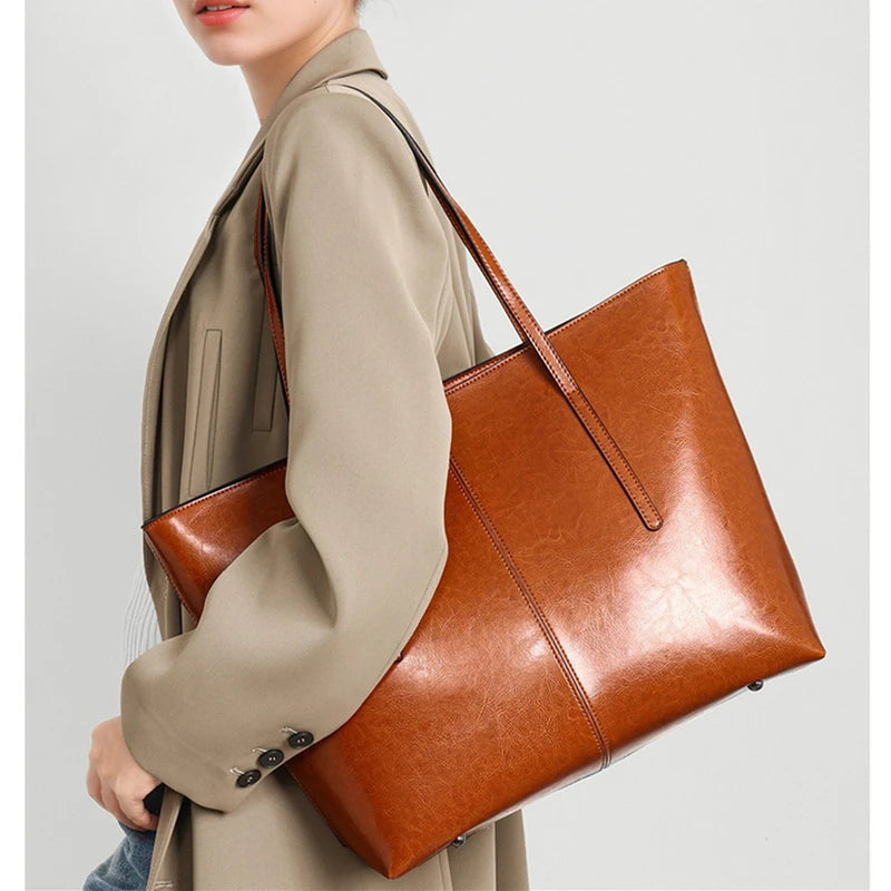 BURMINSA Large Genuine Leather Tote Bag Women Vintage Cowhide Shoulder Bag Laptop Office Work Commuter Shopper Luxury Handbags