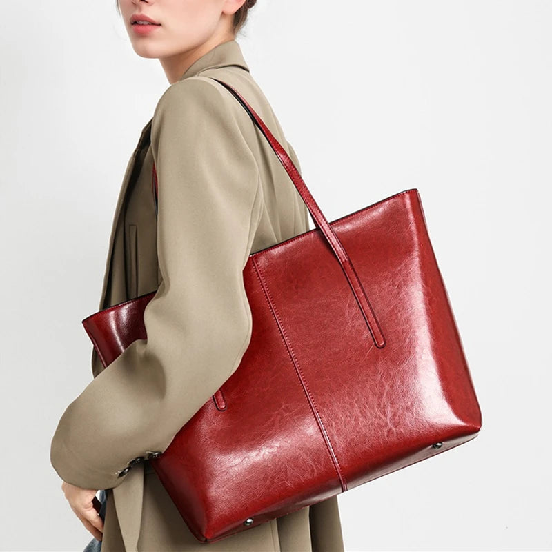 BURMINSA Large Genuine Leather Tote Bag Women Vintage Cowhide Shoulder Bag Laptop Office Work Commuter Shopper Luxury Handbags