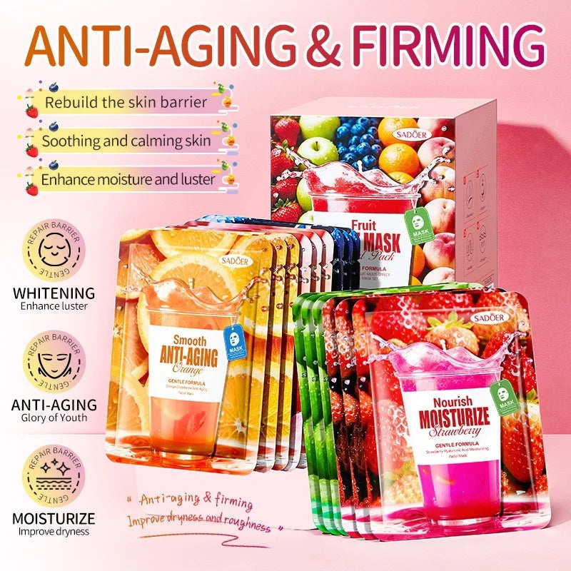 SADOER 30 Sheets Fruit Juice Facial Mask Set, 6 Kinds Hydrating Face Masks with Strawberry Blueberry Orange Peach Green Apple Extract, Moisturizing Soothing Sheet Masks for Daily