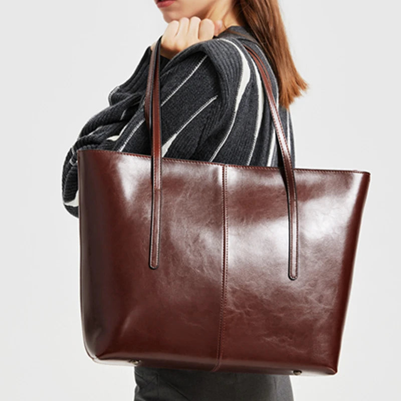 BURMINSA Large Genuine Leather Tote Bag Women Vintage Cowhide Shoulder Bag Laptop Office Work Commuter Shopper Luxury Handbags