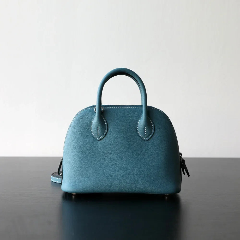 New High-end Light Luxury First-layer Cowhide Mini Bowling Shell Bag Semi-handmade Messenger Leather Women's Bag