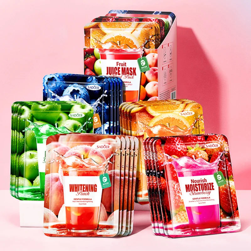 SADOER 30 Sheets Fruit Juice Facial Mask Set, 6 Kinds Hydrating Face Masks with Strawberry Blueberry Orange Peach Green Apple Extract, Moisturizing Soothing Sheet Masks for Daily