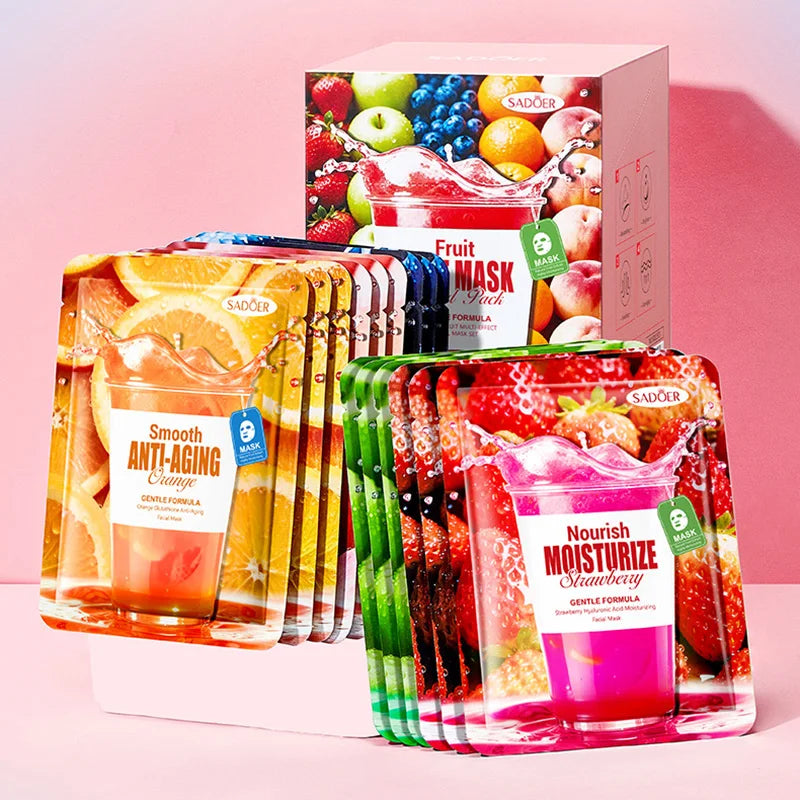 SADOER 30 Sheets Fruit Juice Facial Mask Set, 6 Kinds Hydrating Face Masks with Strawberry Blueberry Orange Peach Green Apple Extract, Moisturizing Soothing Sheet Masks for Daily