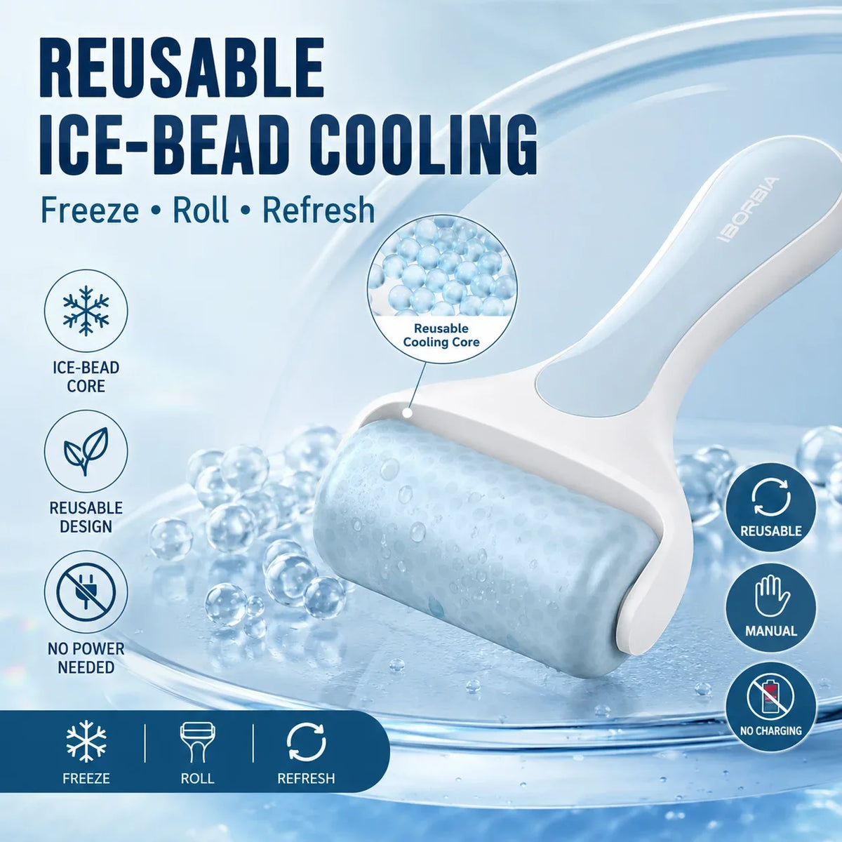 **Facial Ice Roller for Face Body Cooling Massage Reusable 7.5cm Wide Roller Detachable Head Ergonomic Handle Skincare Beauty To