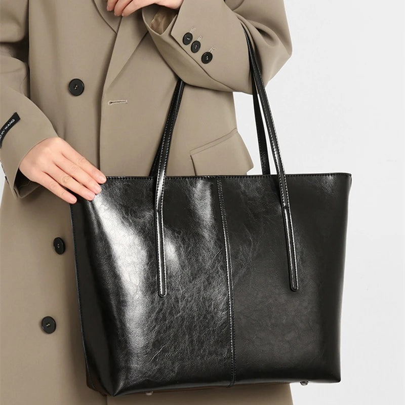 BURMINSA Large Genuine Leather Tote Bag Women Vintage Cowhide Shoulder Bag Laptop Office Work Commuter Shopper Luxury Handbags