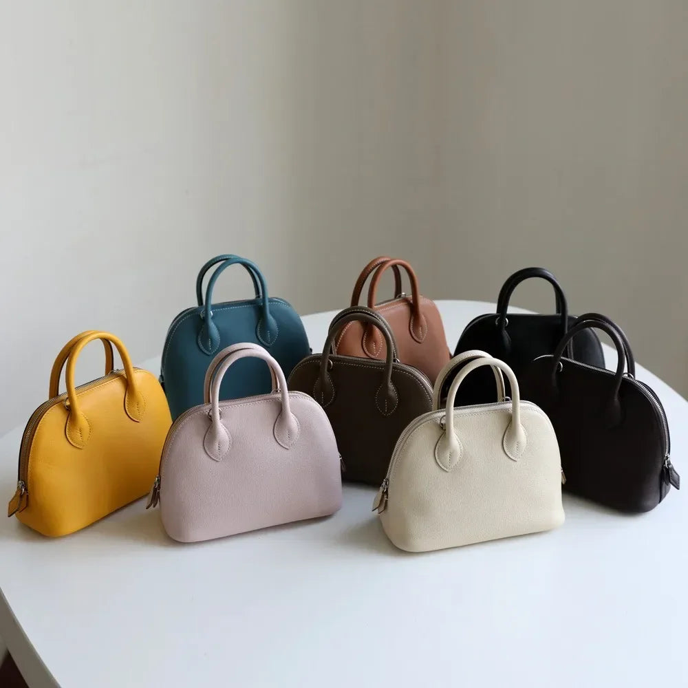 New High-end Light Luxury First-layer Cowhide Mini Bowling Shell Bag Semi-handmade Messenger Leather Women's Bag